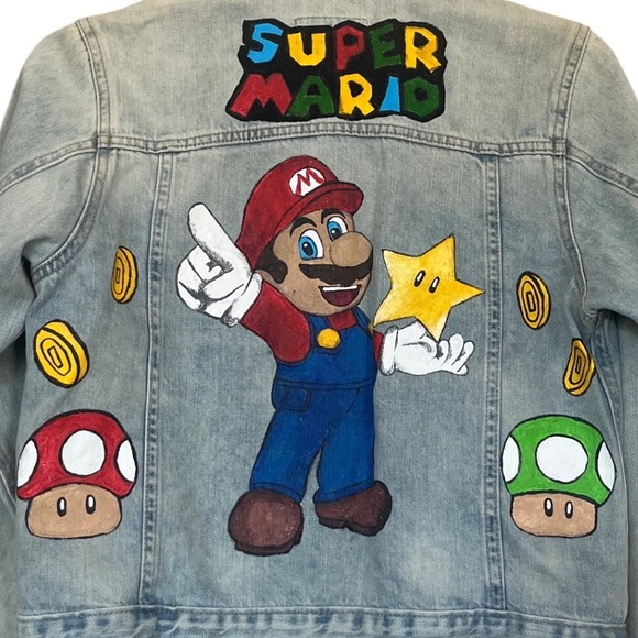 The Childrens Place Boys Super Mario Custom Hand Painted Denim Jacket Size M 7/8 - Picture 3 of 7